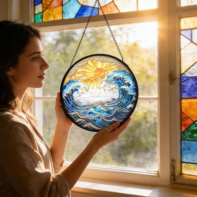 Stained Glass Window Hanging, Blue and White Waves Gold Sunset Suncatcher for Door Garden Kitchen Home Decor, Glass Panel Landscape Sun Catchers for Birthday for Women, Men, Wife, Aunt, and Mom 9.8 in