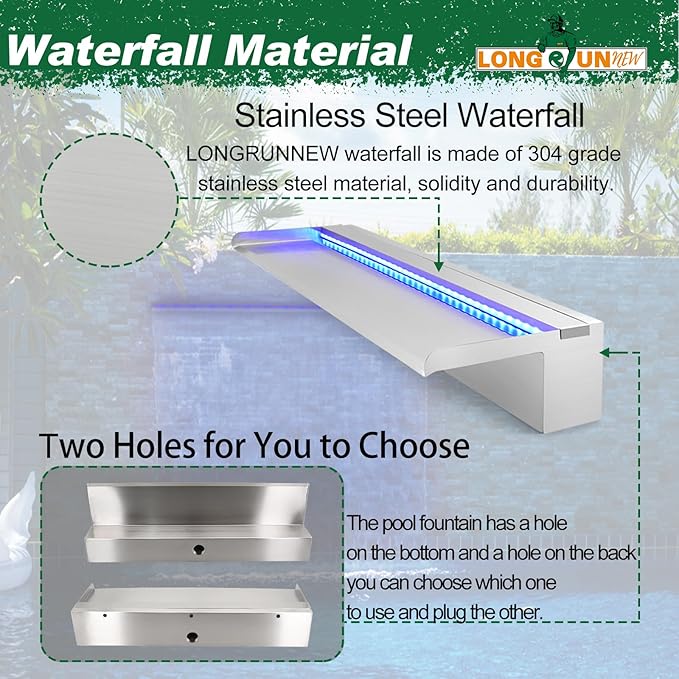 LONGRUN 60cm Pond Waterfall Blade,Stainless Steel Pool Fountain with RGB Bluetooth LED Light, Complete Waterfall & Stream Kits for Outdoor Water Features