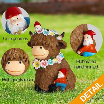 Solar Highland Cow Garden Decor 6.6” Outdoor Statue Resin with Flower Decoration Funny Two Christmas Gnomes Decor,Birthday Gifts for Women Mom Highland Cow Figurine for Yard Patio Lawn Ornaments