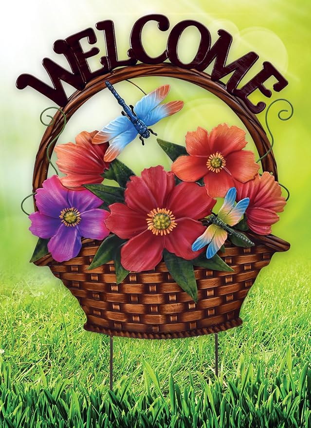 Sunset Vista Design Garden Stakes - Metal Welcome Sign with Stake For Yard Lawn or Patio, 21.5-Inch, Wildflowers & Dragonfly's