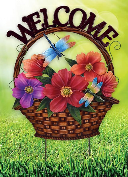 Sunset Vista Design Garden Stakes - Metal Welcome Sign with Stake For Yard Lawn or Patio, 21.5-Inch, Wildflowers & Dragonfly's