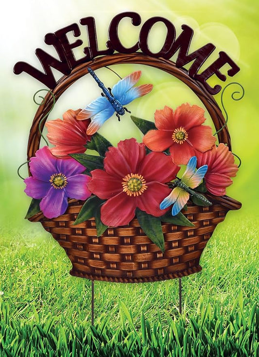 Sunset Vista Design Garden Stakes - Metal Welcome Sign with Stake For Yard Lawn or Patio, 21.5-Inch, Wildflowers & Dragonfly's
