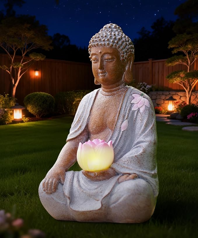 Nacome Solar Buddha Garden Statue Decor: Resin Zen Decor Waterproof Sitting Figurine with Lotus Flower Light Design for Outside Patio Lawn Yard Balcony - 8.3 inches(White)
