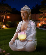 Nacome Solar Buddha Garden Statue Decor: Resin Zen Decor Waterproof Sitting Figurine with Lotus Flower Light Design for Outside Patio Lawn Yard Balcony - 8.3 inches(White)
