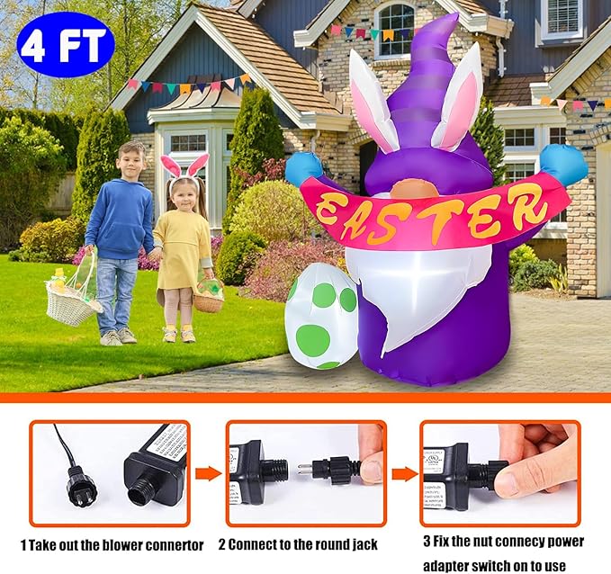 4FT Easter Inflatables Outdoor Decoration Purple Gnome, LED Lighted Inflatables Gnome for Home Yard Lawn Garden Easter Blow up Yard Decorations