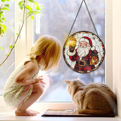Bimkole Santa Claus Stained Glass Suncatcher Window Hanging - Christmas Indoor Window or Doorway Decoration - Handmade Sun Catcher Decor for Garden Home Christmas & Birthday Gifts 7.87x7.87 inch