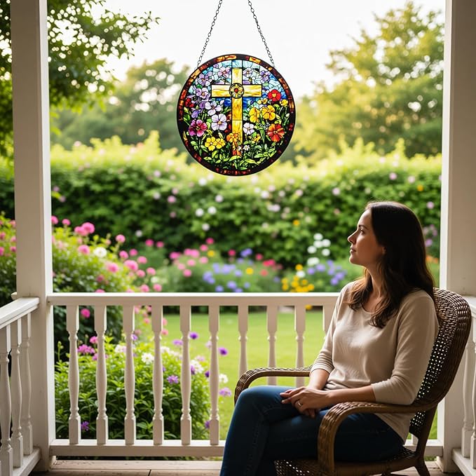 Stained Glass Window Hanging - Cross and Wildflowers Suncatcher, Sun Catchers Decor for Window Hanging, Gifts for Religious, Christian, Easter Faith Home Decor 7.8in