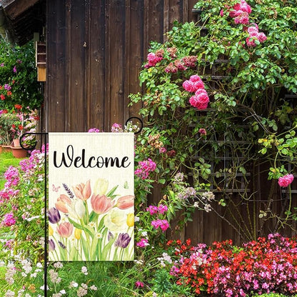 Spring Tulip Welcome Garden Flags for Outside,Welcome Spring Yard Flag for Lawn Porch Outdoor Spring Theme Decorations 12x18 Inch Double Sided