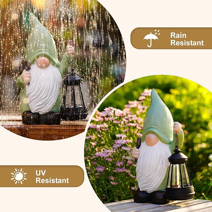 Gnome Statue with Solar Lantern - 4.92L x 9.92H Garden Figurines for Home and Garden Decor, Gnome Decorations Gift Ideas, Gifts for Women Mom
