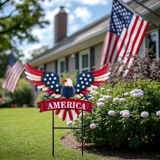 TERESA'S COLLECTIONS 4th of July Decorations for Outdoor, Patriotic Memorial Day Garden Decor, Eagle Metal Yard Art Sign for Outside, Americana Garden Stake for Lawn, Independence Day Gifts, 26.7''
