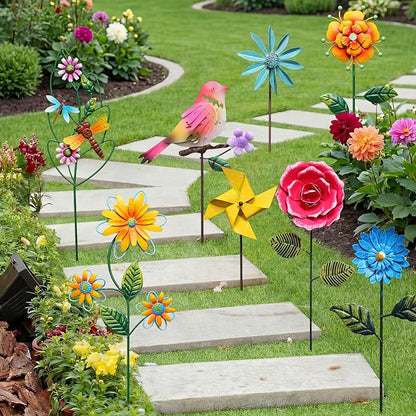 8 Pcs Metal Flower Garden Stakes for Outside Outdoor 14" Spring Wildflowers Metal Signs Waterproof Decorations Bird Dragonfly Windmill Landscape Ornament for Lawn Yard Garden Patio Porch Art