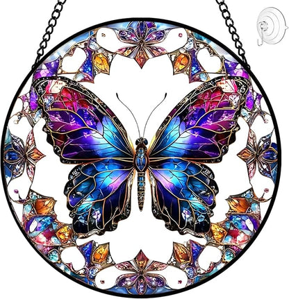 Butterfly Suncatcher Stained Glass Window Hanging - 8″ Handmade Colorful Rainbow Suncatchers for Windows Hanging - Sun Catchers Wall Decor Glass Panel - Christmas Birthday Gifts for Women Men Mom