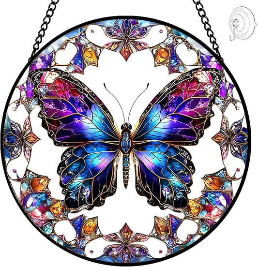 Butterfly Suncatcher Stained Glass Window Hanging - 8″ Handmade Colorful Rainbow Suncatchers for Windows Hanging - Sun Catchers Wall Decor Glass Panel - Christmas Birthday Gifts for Women Men Mom