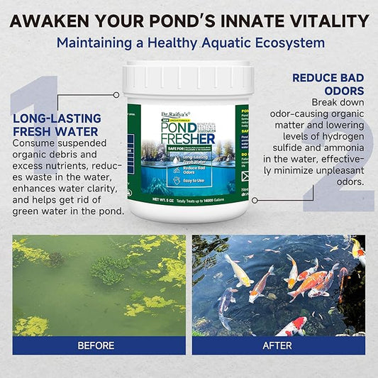Dr. Raifya's Pond Fresher - 5 OZ - Natural Water Clear & Odor Control in Koi Pond, Bird Baths & Fountains, Beneficial Bacteria & Enzymes Safe for Fish, Pets, Wildlife & Plants, Easy to Use