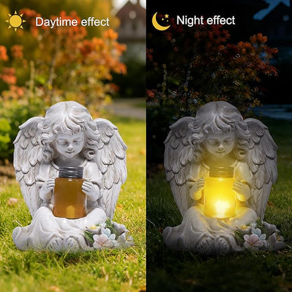 basen Solar Angel Garden Statue with Lighted Wishing Jar, Resin Outdoor Guardian Angel Figurine, Waterproof Lawn Yard Patio Decor, Memorial Sympathy Sculpture for Porch Backyard Gift
