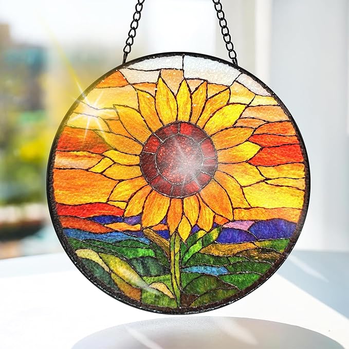 Bimkole Sunflower Stained Glass Suncatcher Window Hanging - Sunset Design for Indoor Window or Doorway Decoration - 7.87x7.87 inch with Chain and Hook - Unique Home Decor Gift