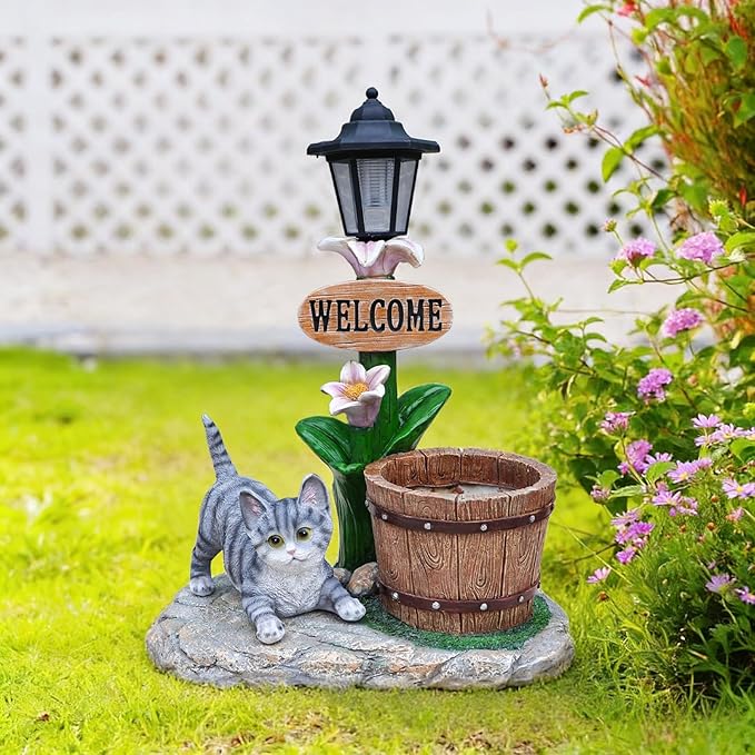 Solar Light Animal Outdoor Statue Planter with Welcome Sign, Resin Garden Sculpture Flower Pot for Patio Lawn Porch Yard Courtyard Decor, Weather-Resistant Decorative Figurine Accent (F)