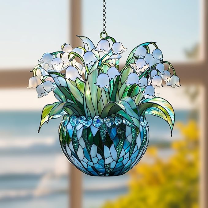 Lily of The Valley May Month Flower Acrylic Suncatcher, Flower Suncatchers for Window Hangings, Stained Glass Effect Garden Decor, Gift for Mother's Day, Mom, Grandma, Wife, Women