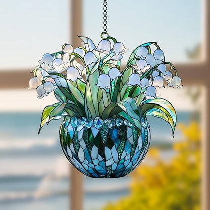 Lily of The Valley May Month Flower Acrylic Suncatcher, Flower Suncatchers for Window Hangings, Stained Glass Effect Garden Decor, Gift for Mother's Day, Mom, Grandma, Wife, Women