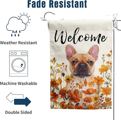 French Bulldog Fall Garden Flag Autumn Dog Yard Sign Orange Floral Thanksgiving Outdoor Banners for Outside 12x18 Double Sided Small Wild Flower Lawn Decorations