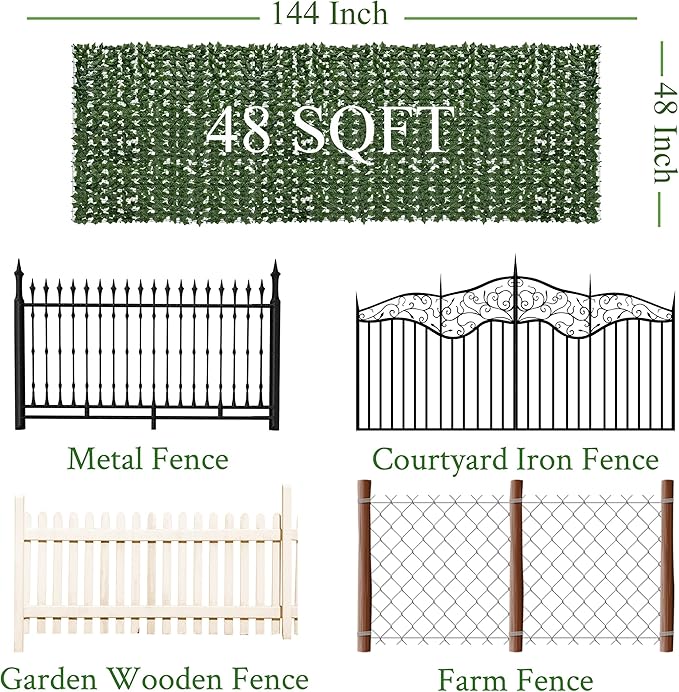 Artificial Ivy Privacy Fence Screen: 48"x 144" (48 Sqft) Anti-Ultraviolet Artificial Hedge Grass Wall, Used for Indoor and Outdoor Green Background, Garden Greening Decoration