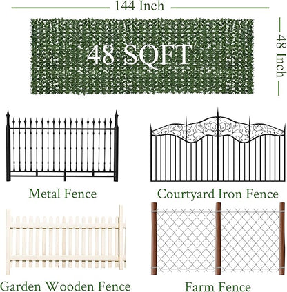 Artificial Ivy Privacy Fence Screen: 48"x 144" (48 Sqft) Anti-Ultraviolet Artificial Hedge Grass Wall, Used for Indoor and Outdoor Green Background, Garden Greening Decoration