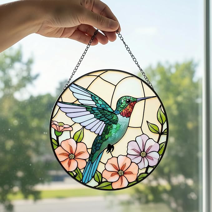 Hummingbird Stained Glass Suncather for Window Hanging, 9'' Hummingbird Ornament Gift for Women, Nature-Inspired Wall Art Home Decor Gifts for Mom, Grandma (Green Bird, 9'')
