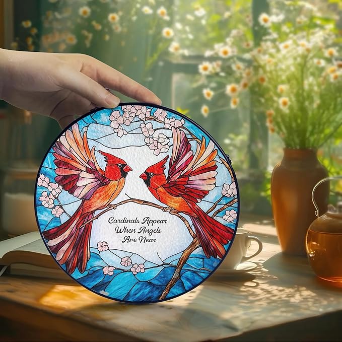Cardinal Suncatcher Stained Glass Window Hanging Decor Cardinal Remembrance Gifts Cardinals Memorial Gifts for Loss of Loved One, Women Grandma Mom, Mothers Day Birthday for Bird Lovers
