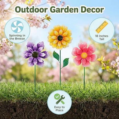 3pcs 18inch Metal Flower Decorative Garden Stakes & Wind Spinner for Outdoor, Colorful Yard Art Garden Decorations for Outside Lawn Porch Pathway Patio.