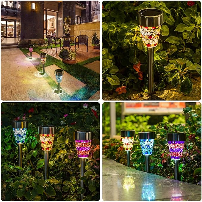 6-Pack Solar Mosaic Border Lawn Garden Lights, LED Mosaic Stake Lights Pathway Landscape Lighting for Patio Walkway Driveway Outdoor Christmas Garden Home Decoration (Blue)