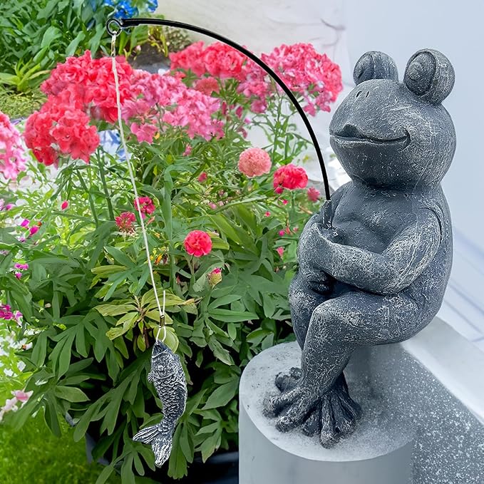 9.5" Fishing Frog Stone Look Sculpture, Whimsical Lawn Yard Art, Funny Garden Pond Fisherman Statue, Resin Animal Decorative Figurine, Ideal for Frog Fishing Lovers