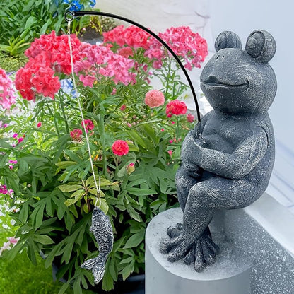 9.5" Fishing Frog Stone Look Sculpture, Whimsical Lawn Yard Art, Funny Garden Pond Fisherman Statue, Resin Animal Decorative Figurine, Ideal for Frog Fishing Lovers