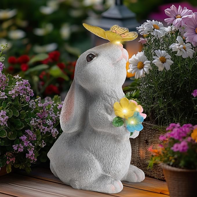 Solar Garden Decor Bunny with Flowers Statues Outdoor, Outdoor Figurine Statue Lights, Outdoor Garden Yard Lawn Patio Decoration, Unique House Warming Birthday Present for Women Family