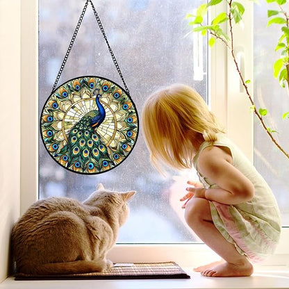 DASTOLL Stained Glass Window Hanging - Retro Peacock Decoration Suncatcher for Door Garden Home Bird Feather Sun Catchers Christmas Mother's Day Birthday Gifts for Women Men Mom Nana Friend 6.3 in