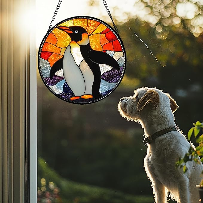 Stained Glass Window Hanging - Cute Penguin Suncatcher for Doors Garden Patio Sun Catchers Decor Christmas Mother's Day Birthday Teenager Gifts for Women Men Mom Nana Friend 11.8 in