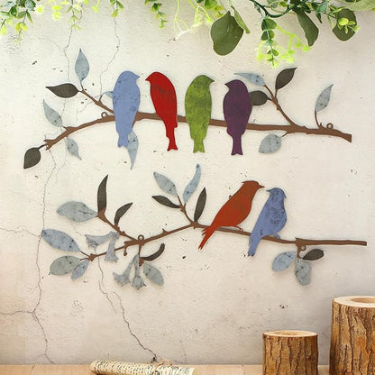 Demissle 2 Pcs Metal Birds Wall Art Decor Vivid Birds on Branch with Leaves Rustic Wall Decor Waterproof Metal Sculpture Hanging Sign for Home Balcony Garden Indoor Outdoor(Bright Colors)