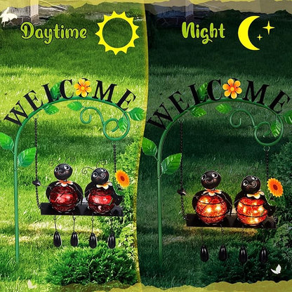 Glooglitter Ladybug Swing Solar Light Metal Summer Ladybug Hanging Animal Lady Bugs Live Garden Decorative Gift with Welcome Sign Waterproof Solar Outdoor Lights for Patio Balcony Pathway Lawn Yard