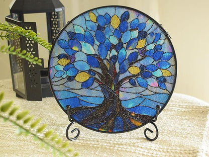 Stained Glass Window Hangings, Tree of Life with Hummingbird Suncatchers for Window, Treasured Gift for Mom, Grandma, Family and Friends (Blue, 6.7x6.7 in)