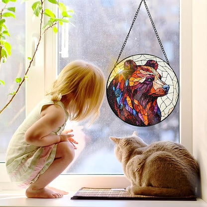 Bimkole Bear Stained Glass Suncatcher Window Hanging - Animals Design for Indoor Window or Doorway Decoration - 7.87x7.87 inch with Chain and Hook - Unique Home Decor Gift