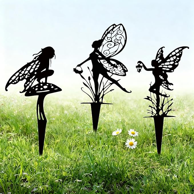 3-Piece Set Garden Fairy Metal Dancing Dandelion Flower Sculptures,Outdoor Decorative Stakes for Yard, Lawn, Flower Bed, Flower Pot (Style A)