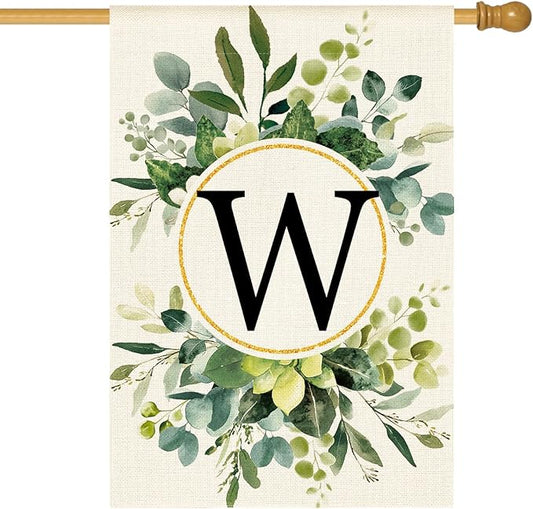 AVOIN colorlife Monogram Letter W Floral House Flag 28x40 Inch Double Sided Outside, Family Last Name Initial Yard Outdoor Decoration