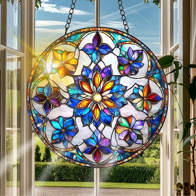 VAIIEYO Flower Sun Catcher Stained Glass Window Hanging Ornament, Handmade Sun Catcher Plant Decoration with Hooks for Window Garden Home, Mother's Day & Birthday Housewarming Gift (7.8 inch)