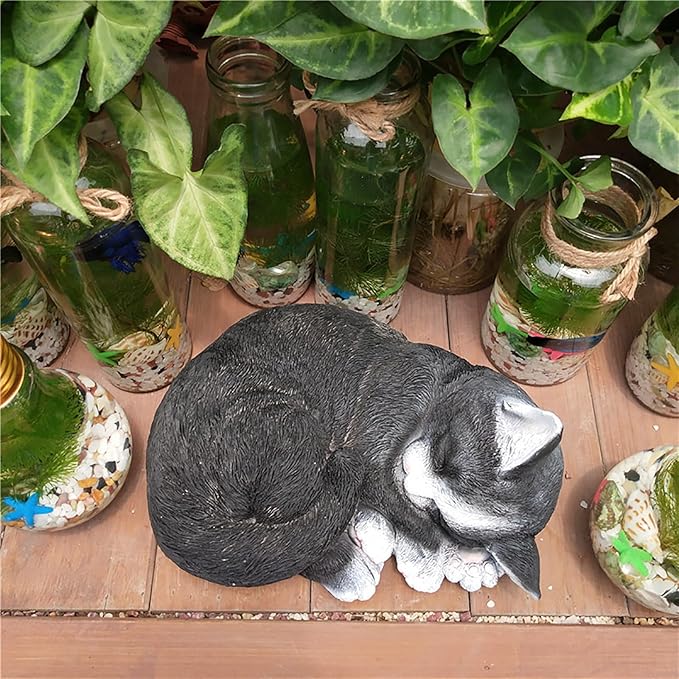 Realistic Cat Garden Outdoor Statue, Sleeping Kitten Figurines Sculpture Decoration for Patio, Yard, Porch Lawn Ornament, Office Home Art Décor Cat Memorial Stone (Black)