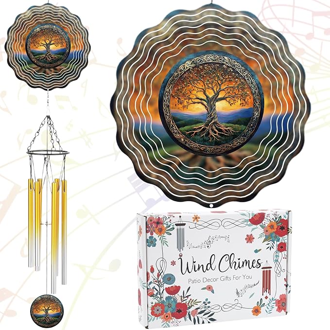 Tree of Life Wind Chimes - Metal Windchime with Spinners Outdoor Garden Patio Yard Decor Indoor Balcony Home Hanging Christmas New Year Housewarming Birthday Gift for Women Mom Grandma Wife