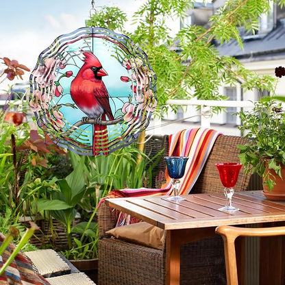 3D Cardinal Wind Spinner 3D Bird Spinners with Flower for Yard and Garden 3D Stainless Steel Cardinal Spinner with Unique Visual Effect Perfect Garden Decoration and Gift 10Inch