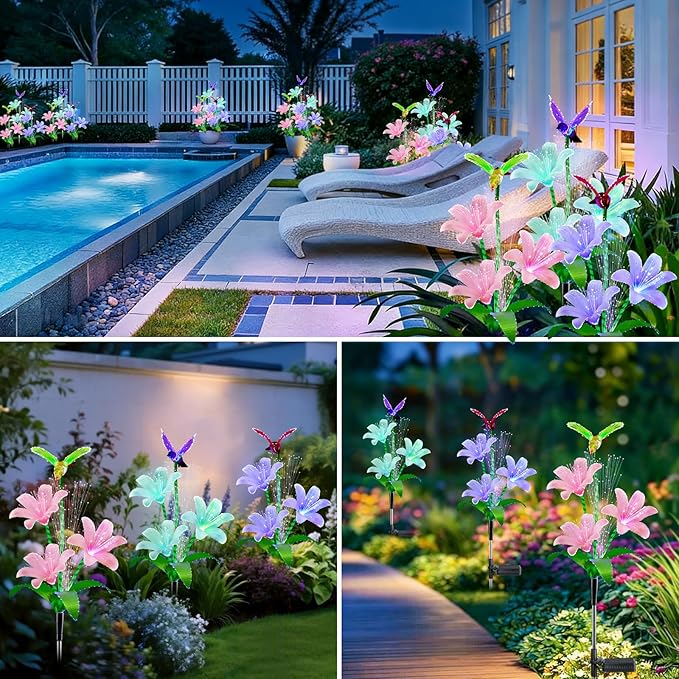Solar Lights Outdoor Decorative, Upgraded 3 Pack Flowers with 7 Color Changing Lilies and 3 Hummingbird, Brighter Waterproof Garden Decor for Yard Lawn Pathway, Mom Women Grandma