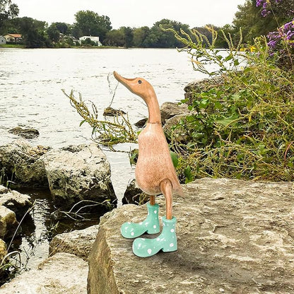 Wooden Crafted Duck Figurine with Spotty Wellies Funny Standing Duck Statues Decorative Resin Rain Boot Animal Sculpture Collectible Crafts Waterproof Garden Lawn Ornament (Green, 7.9Inch)