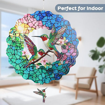 Hummingbird Wind Spinner for Easter Day Gift,Laser-Cut 12 Inch Stainless Steel Outdoor Garden Spring Decor, 3D Kinetic Window Hanging Sculpture Yard Art for Patio Women, Mom & Dad