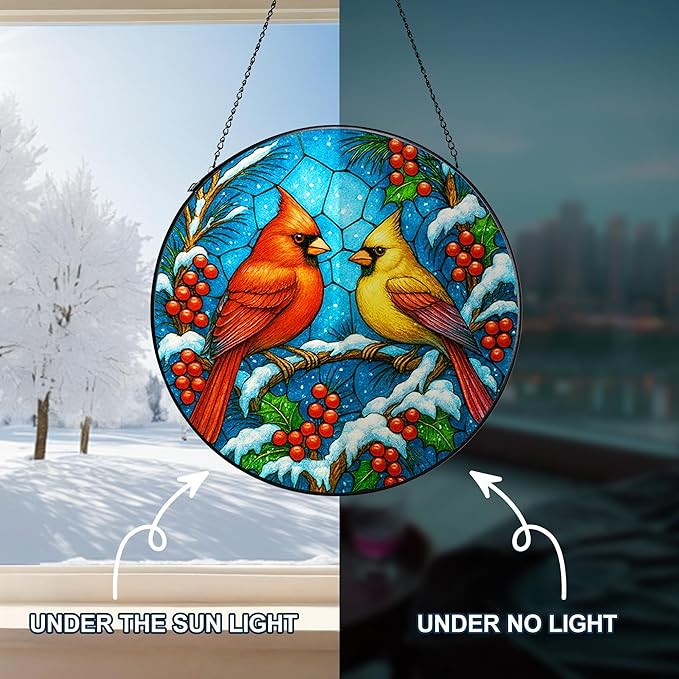 Stained Glass Window Hanging,Red Cardinal Sun Catchers Stained Glass Panels for Indoor Windows Wall Art Decor, Memorial Gift for Mom Women Wife Men Lovers (7.87inch)