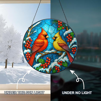 Stained Glass Window Hanging,Red Cardinal Sun Catchers Stained Glass Panels for Indoor Windows Wall Art Decor, Memorial Gift for Mom Women Wife Men Lovers (7.87inch)
